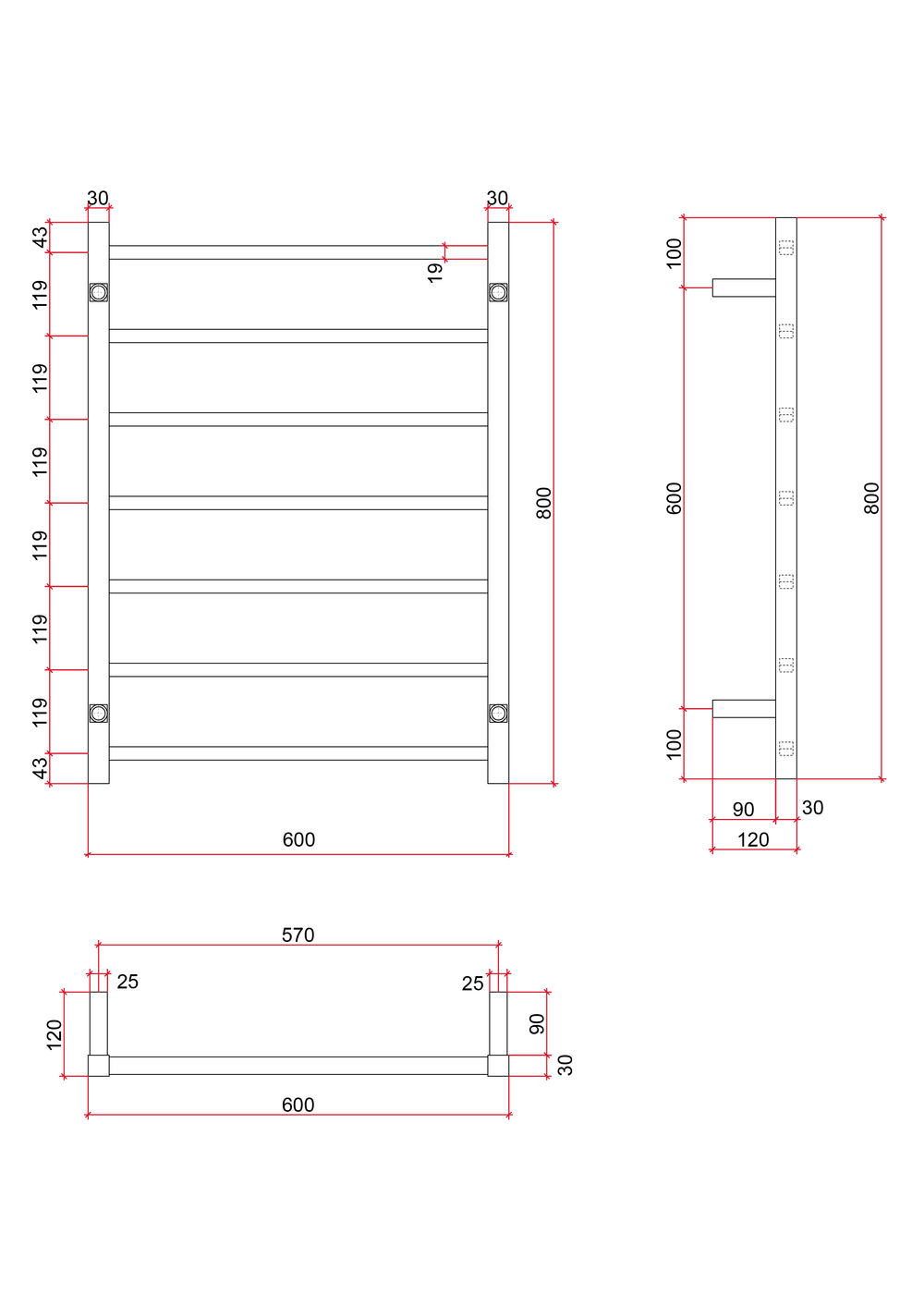 SS4412 12Volt Straight Square Polished Ladder Heated Towel Rail