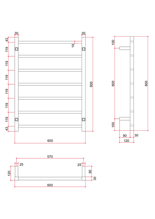 SS4412 12Volt Straight Square Polished Ladder Heated Towel Rail