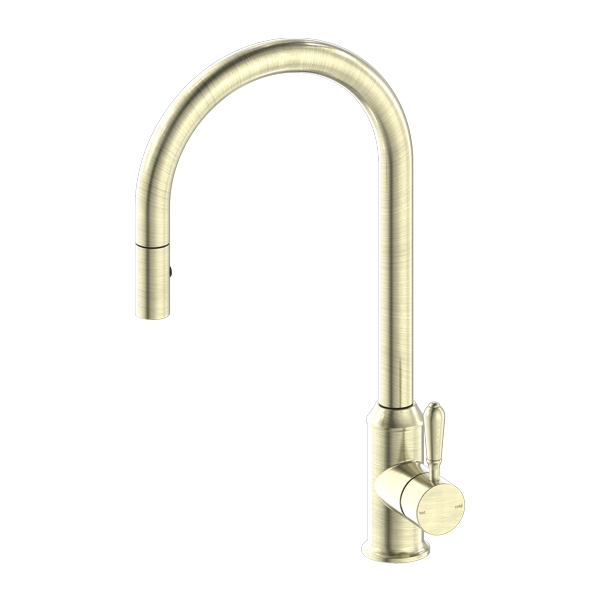 York Pull Out Sink Mixer With Vegie Spray Function With Metal Lever Aged Brass — Gold & Brass, Kitchen Mixers & Taps