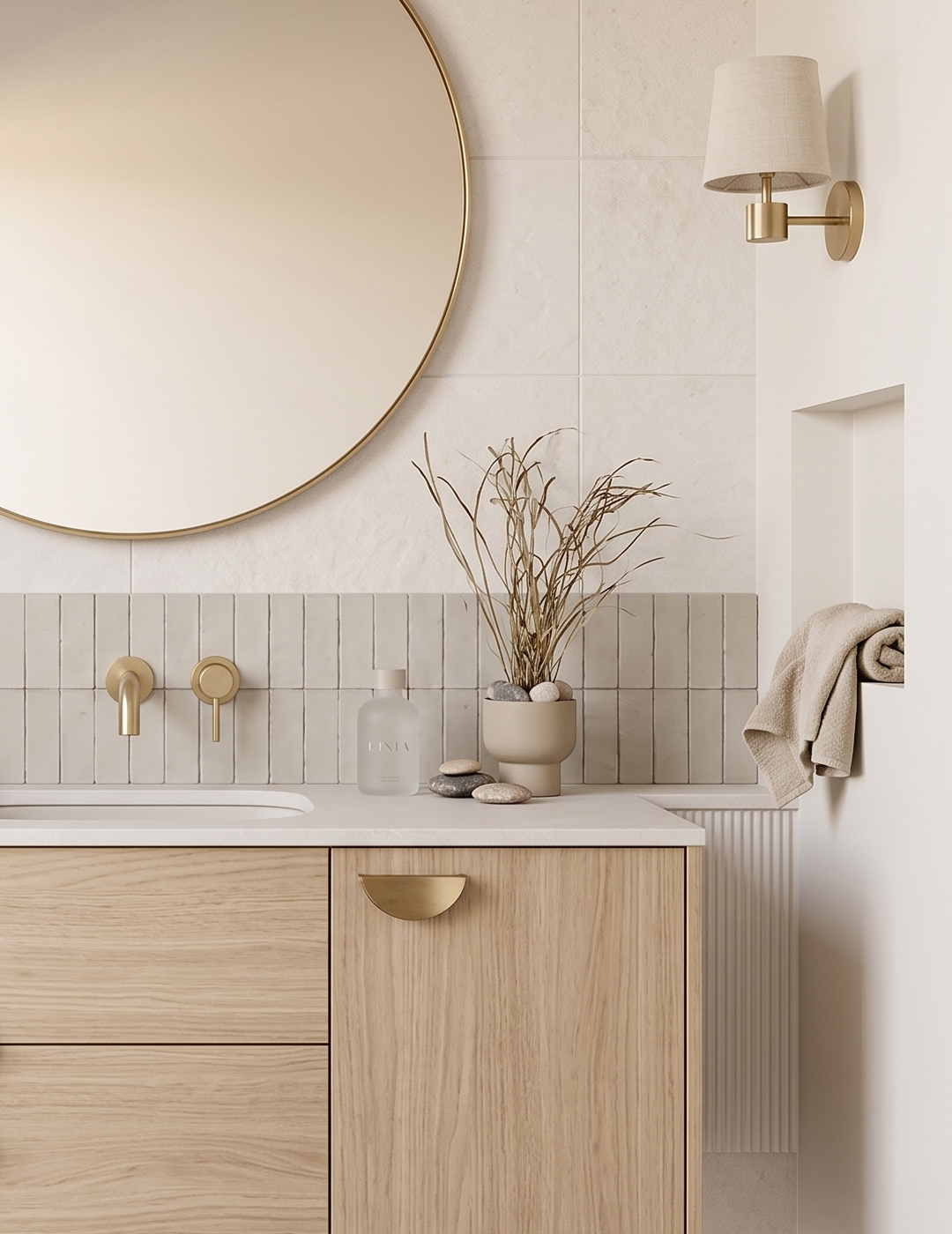 A relaxing sanctuary with layered textures, warm wood, and calming coastal hues