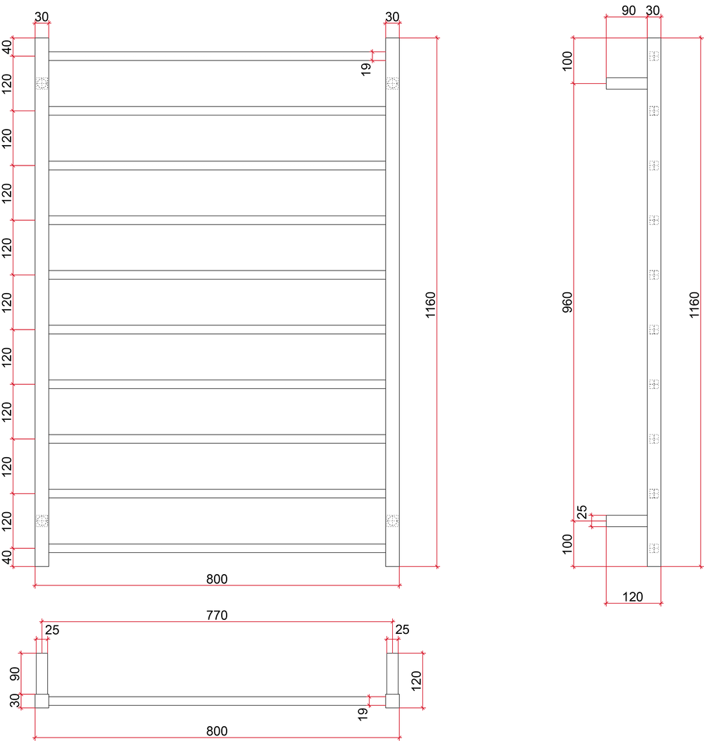 SS88M Straight Square Polished Ladder Heated Towel Rail