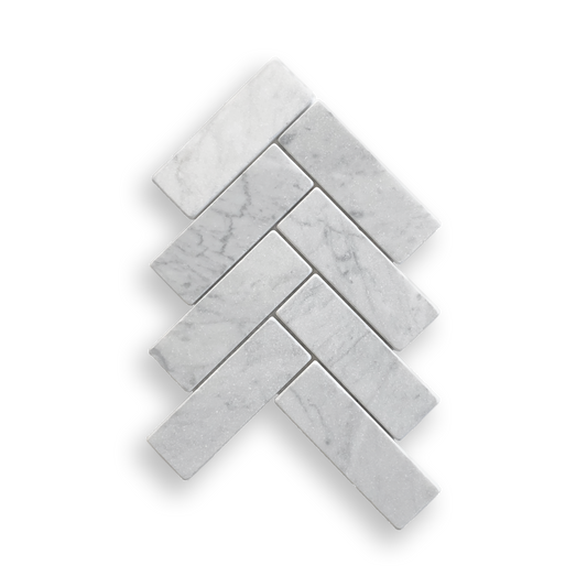 BALMAIN CARRARA MARBLE TUMBLED NATURAL STONE HERRINGBONE MOSAIC