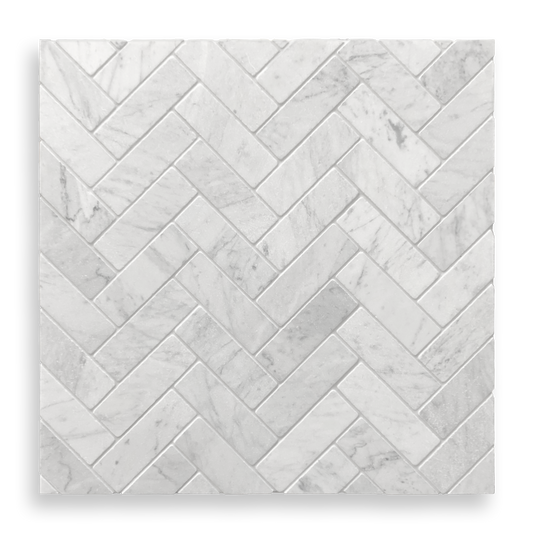 BALMAIN CARRARA MARBLE TUMBLED NATURAL STONE HERRINGBONE MOSAIC