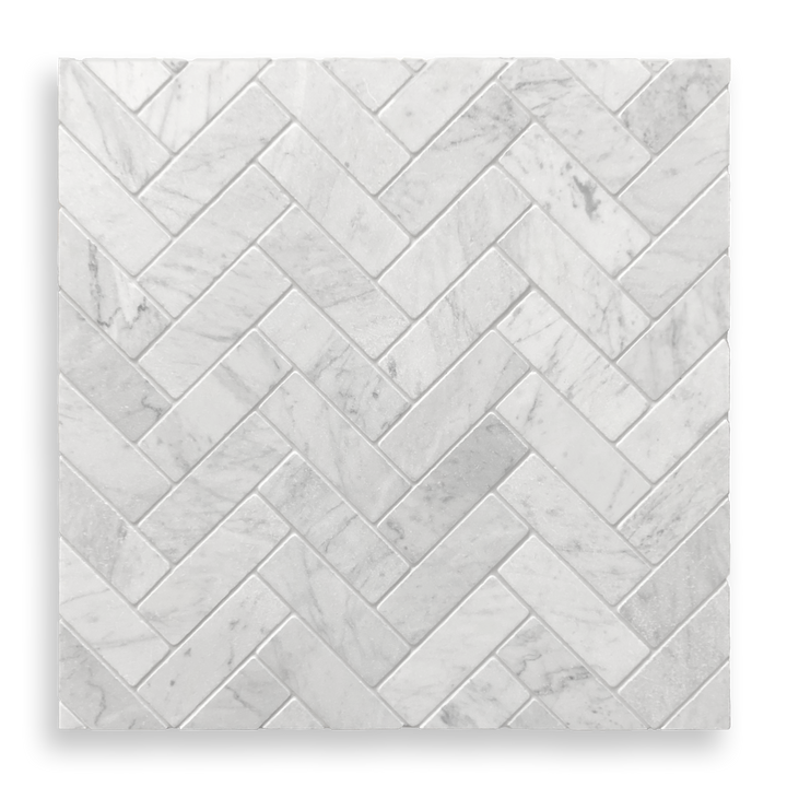 BALMAIN CARRARA MARBLE TUMBLED NATURAL STONE HERRINGBONE MOSAIC