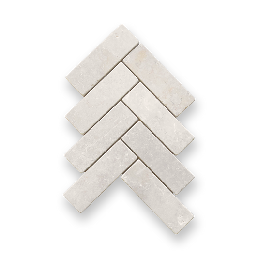 BALMAIN CREMA SERENA TUMBLED NATURAL STONE HERRINGBONE MOSAIC