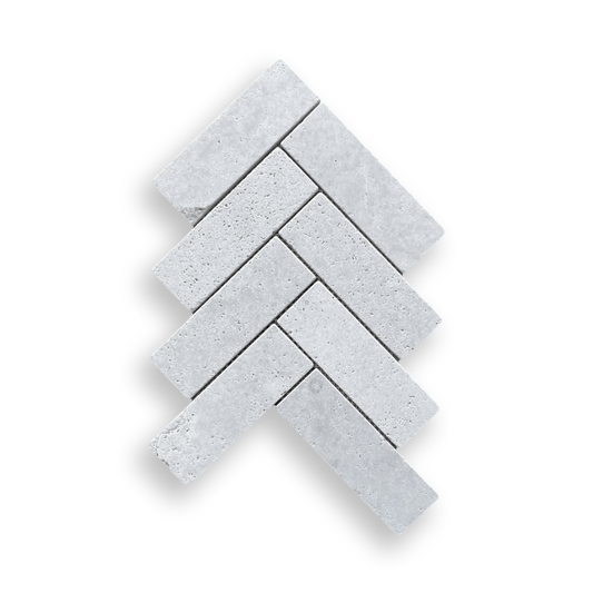 BALMAIN GRIS TRAVERTINE TUMBLED NATURAL STONE HERRINGBONE MOSAIC