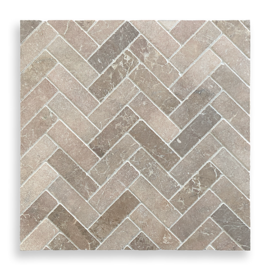 BALMAIN ROSA MURCIA TUMBLED NATURAL STONE HERRINGBONE MOSAIC