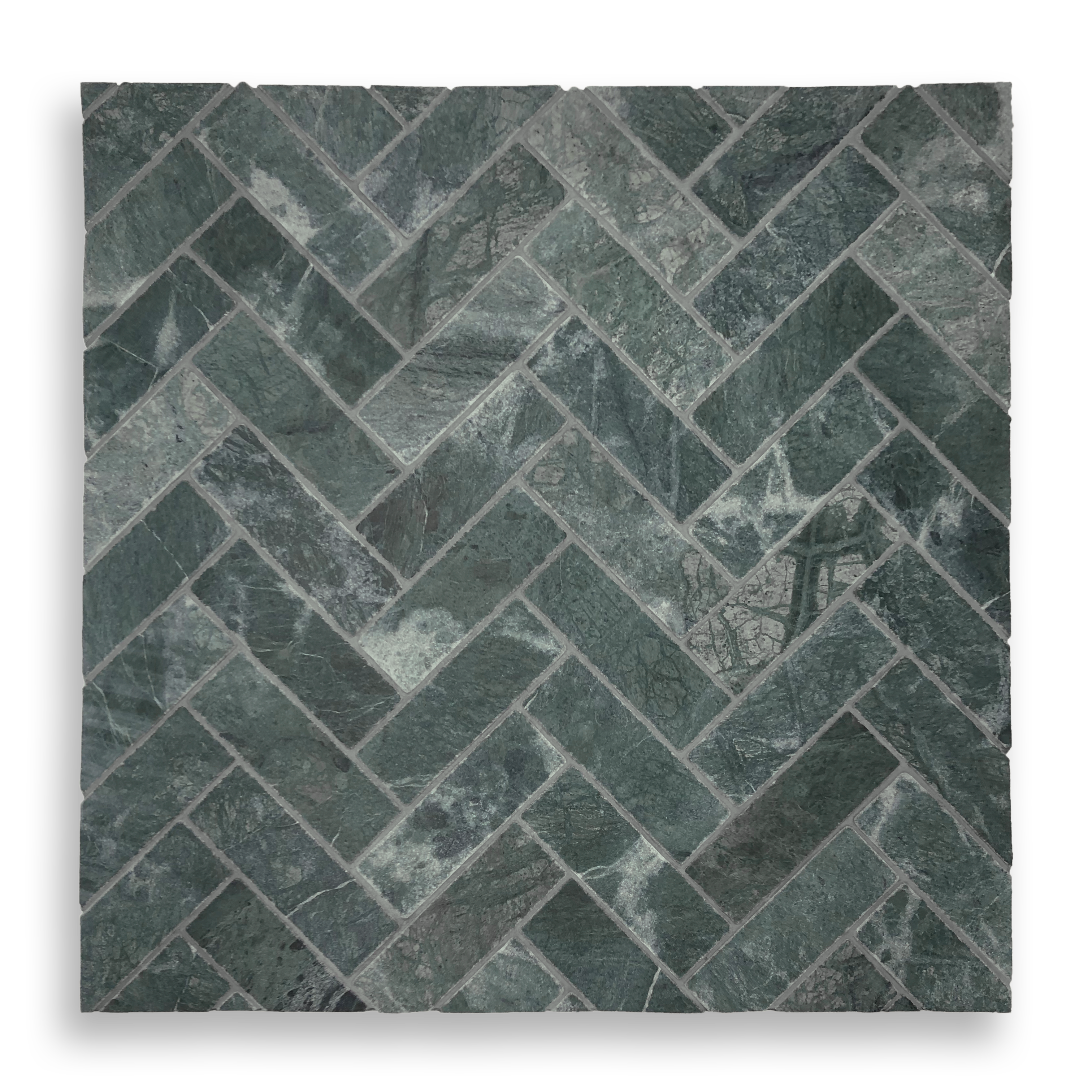 BALMAIN TAJ GREEN TUMBLED NATURAL STONE HERRINGBONE MOSAIC
