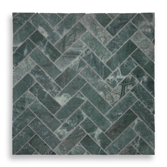 BALMAIN TAJ GREEN TUMBLED NATURAL STONE HERRINGBONE MOSAIC