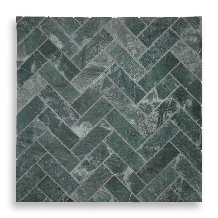 BALMAIN TAJ GREEN TUMBLED NATURAL STONE HERRINGBONE MOSAIC
