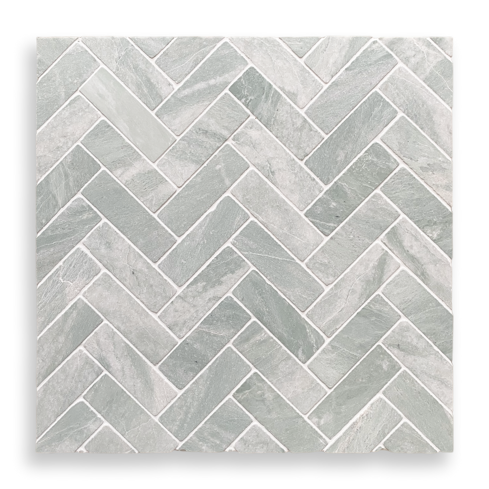 BALMAIN VERDI CRISTALLO TUMBLED NATURAL STONE HERRINGBONE MOSAIC