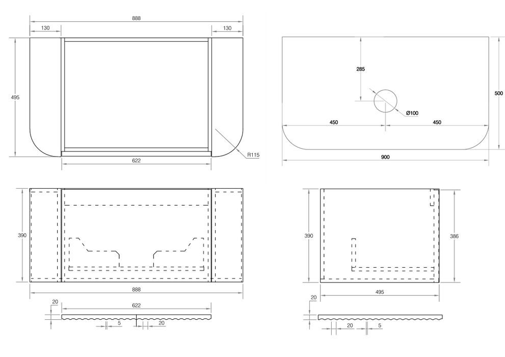 V-Groove 900mm Wall Hung Vanity