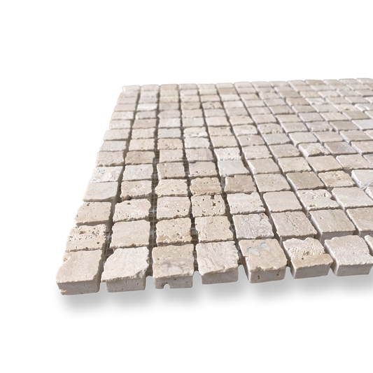 Cortona Travertine Classic Natural Stone Artisan Cut Small Square Mosaic Tile — Beige, Square
