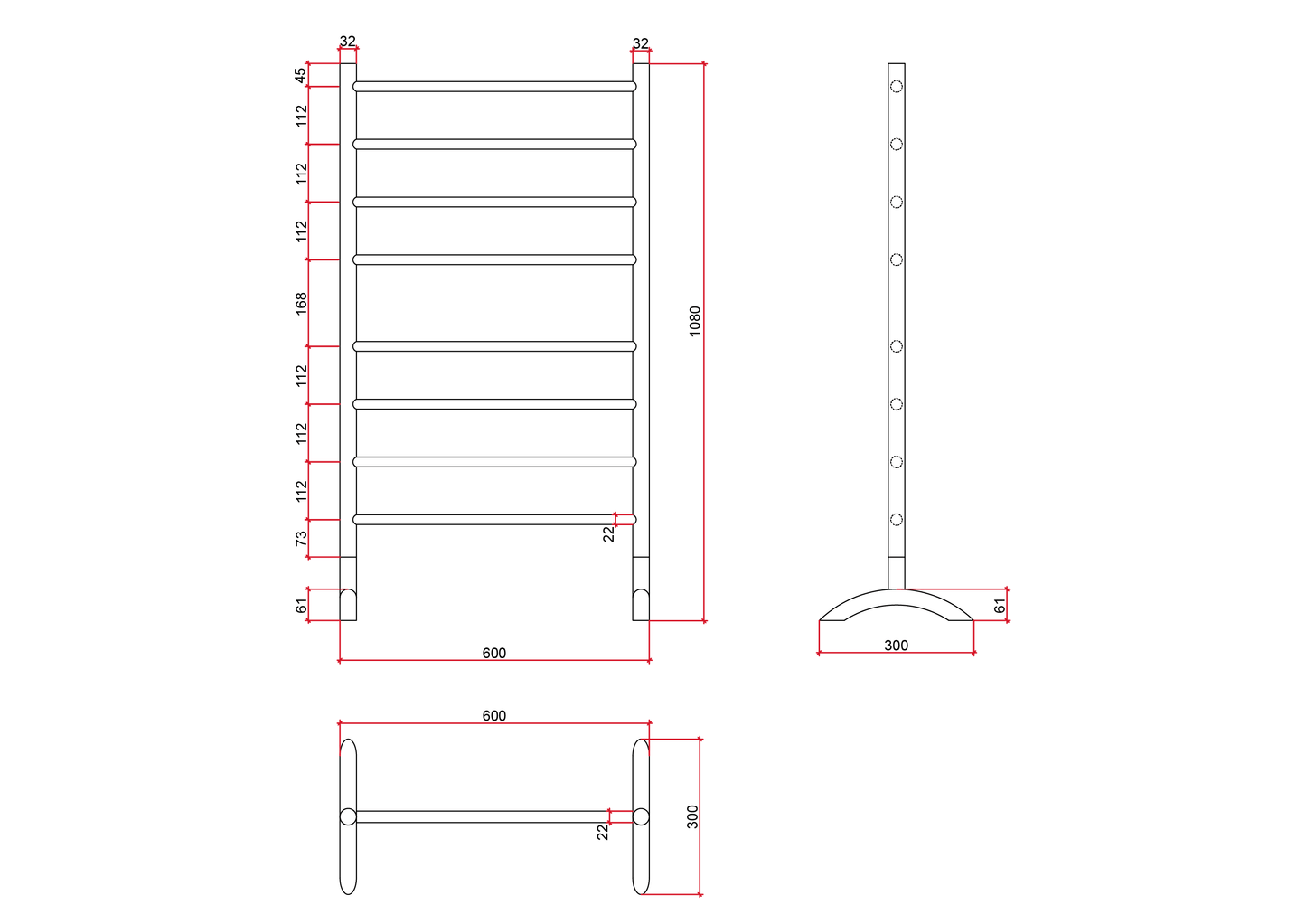 FS66EB Straight Round Free Standing Matt Black Heated Towel Rail