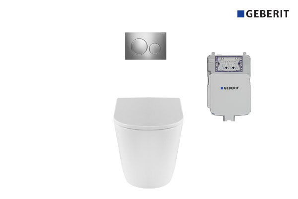 Renee Rimless Wall Faced Pan with Geberit In-wall Cistern & Chrome Round Buttons