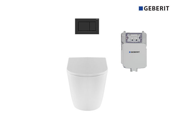 Renee Wall Faced Pan & Geberit In-Wall Cistern & Square Matte Black Buttons