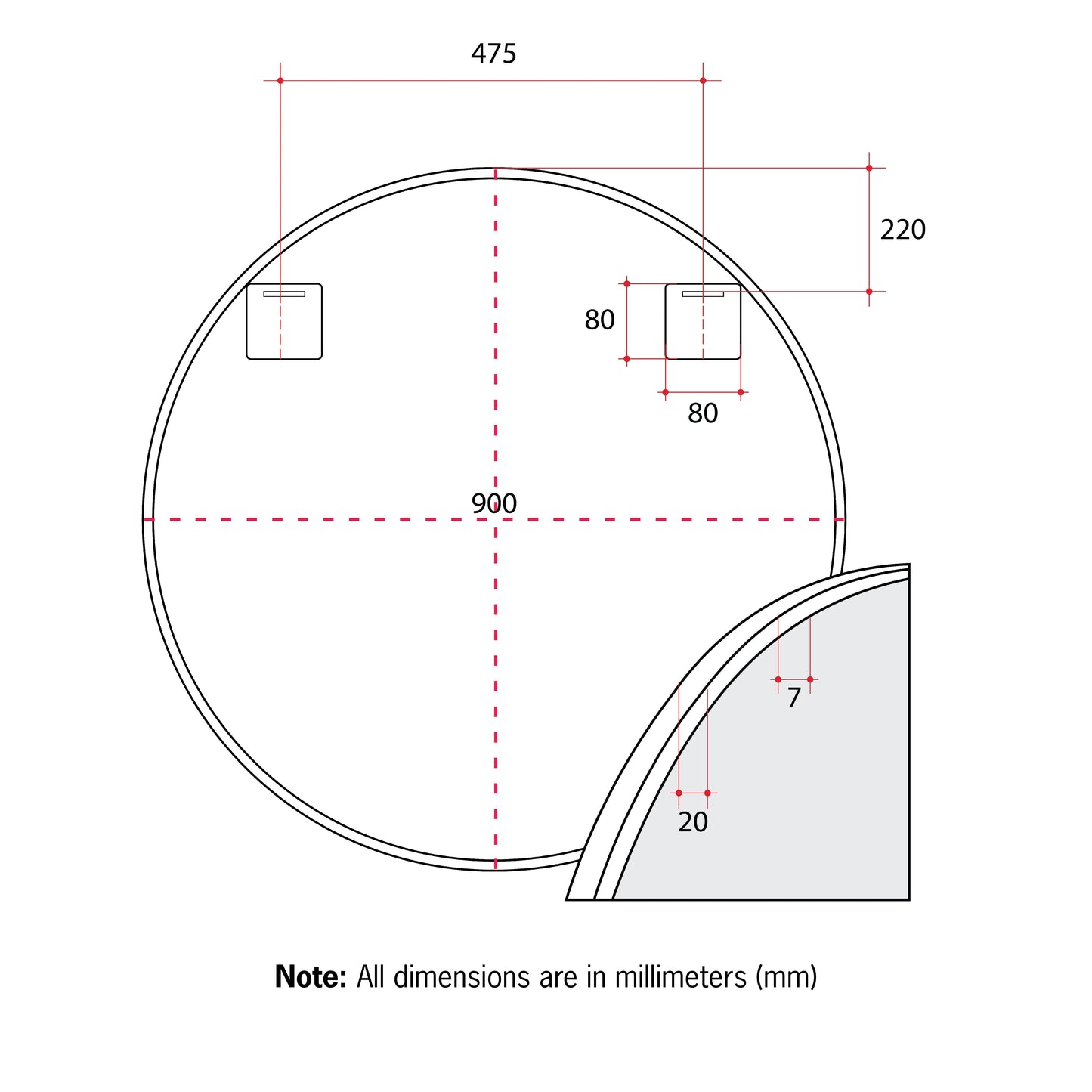 GR9090BD Round Black Framed Mirror Including Demister