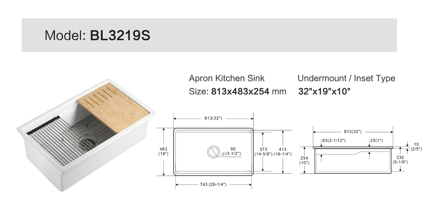 Vorona Fireclay Inset/Undermount Sink 813mm LK-S-VFC813