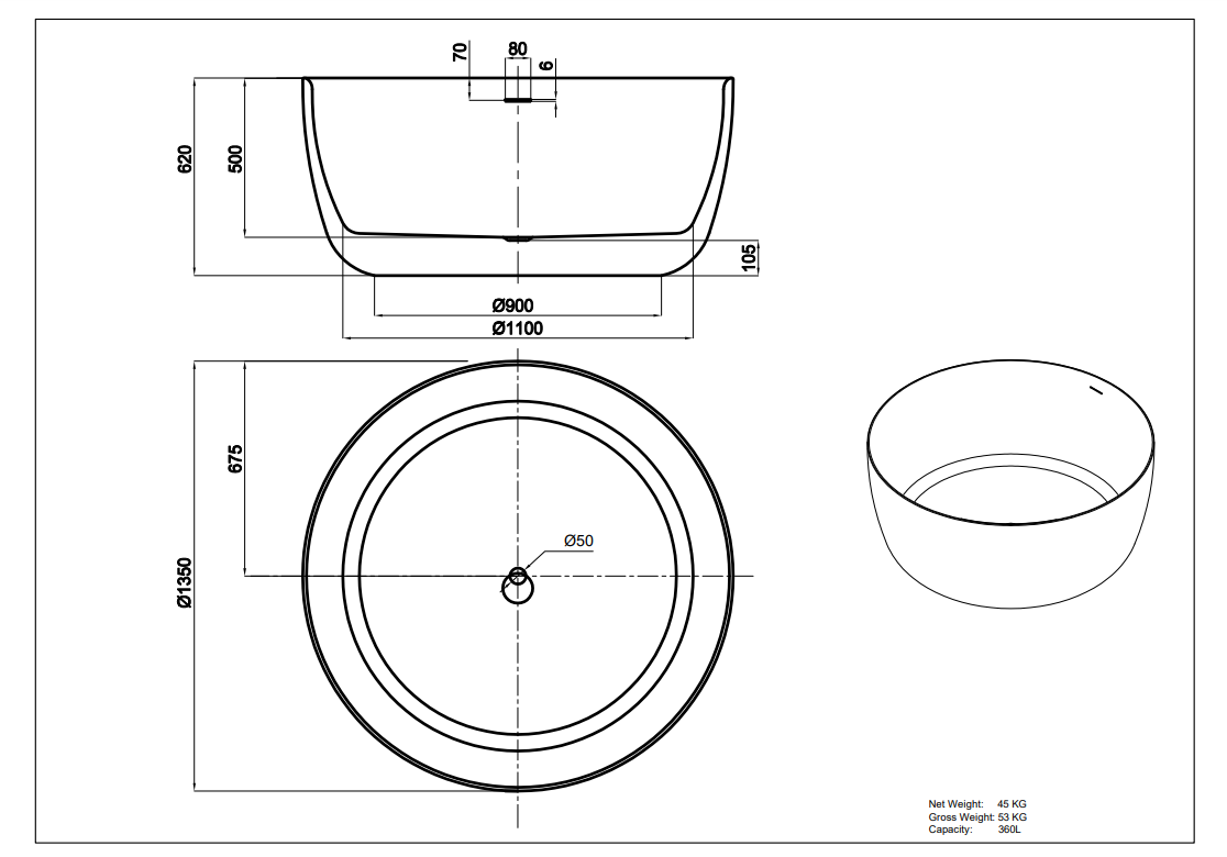 Olley Round Free-Standing Acrylic Overflow Bathtub LK-OL1350MW-OF