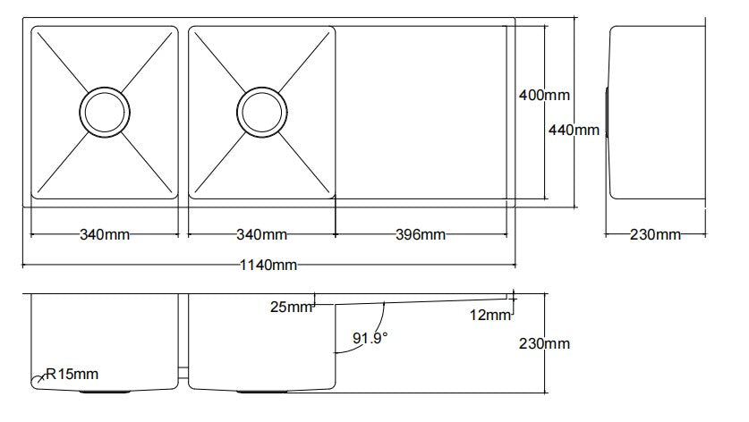 Kliff Hand Made Stainless Steel Double Bowl Sink 1140mm LK-SDK1140 — Chrome & Stainless, Kitchen Sinks