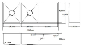 Kliff Hand Made Stainless Steel Double Bowl Sink 1140mm LK-SDK1140 — Chrome & Stainless, Kitchen Sinks