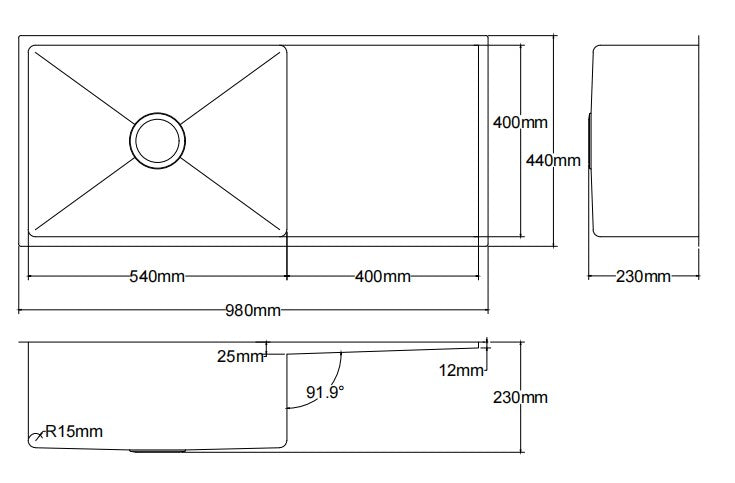 Kliff Hand Made Stainless Steel Sink 980mm LK-SSK980 — Chrome & Stainless, Kitchen Sinks