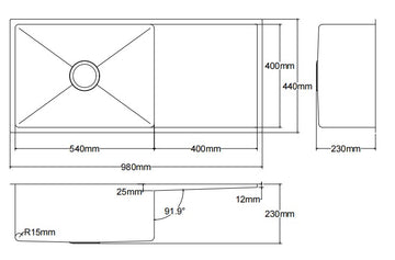 Kliff Hand Made Stainless Steel Sink 980mm LK-SSK980 — Chrome & Stainless, Kitchen Sinks