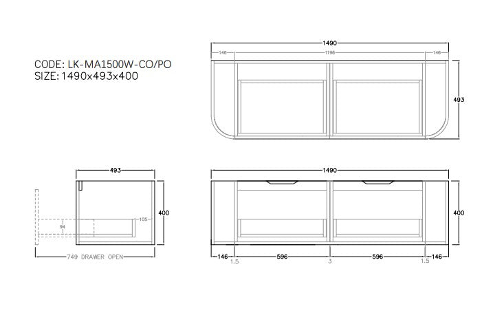 Agena Fluted Wood Grain WH Vanities Coastal Oak LK-MA1500W-CO