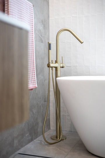 Round Freestanding Bath Spout and Hand Shower - Tiger Bronze