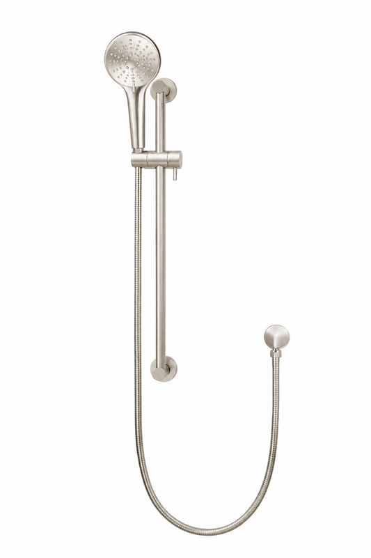 Round Three Function Hand Shower on Rail Column — PVD Brushed Nickel, Brushed Nickel, Hand Held Showers