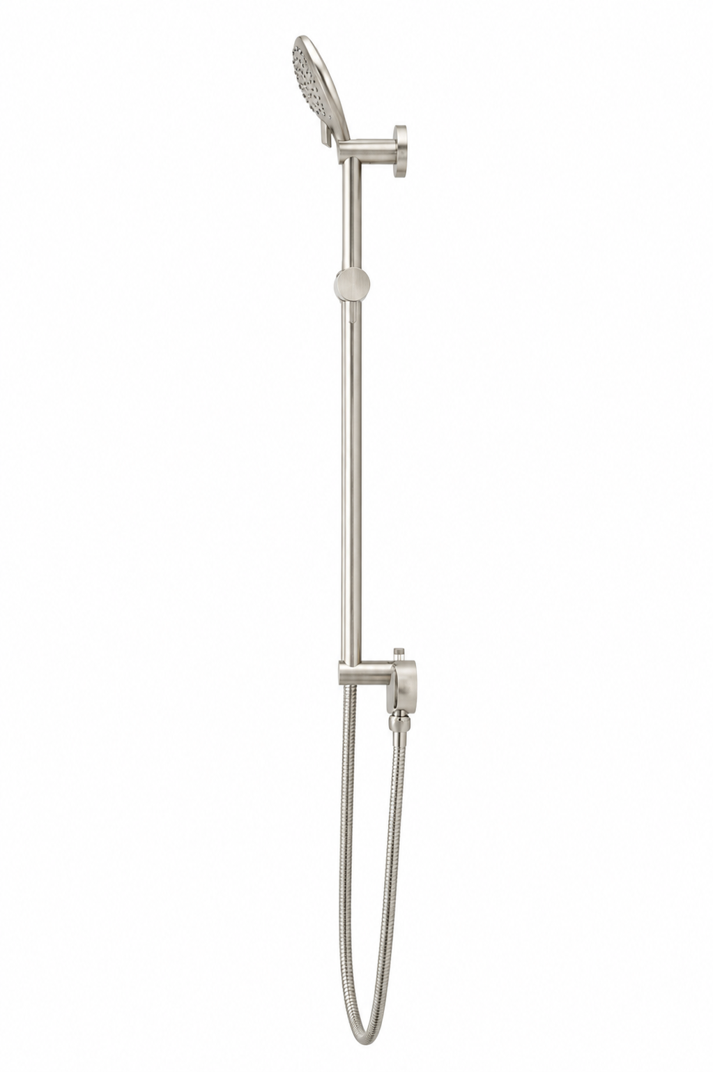 Round Three Function Hand Shower on Rail Column — PVD Brushed Nickel, Brushed Nickel, Hand Held Showers