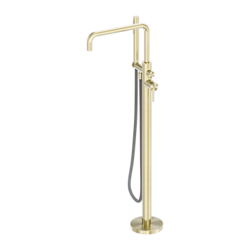 Zen SS316L Freestanding Bath Mixer With Outdoor Shower Hose Brushed Gold — Gold & Brass, Freestanding Bath Spouts & Mixers