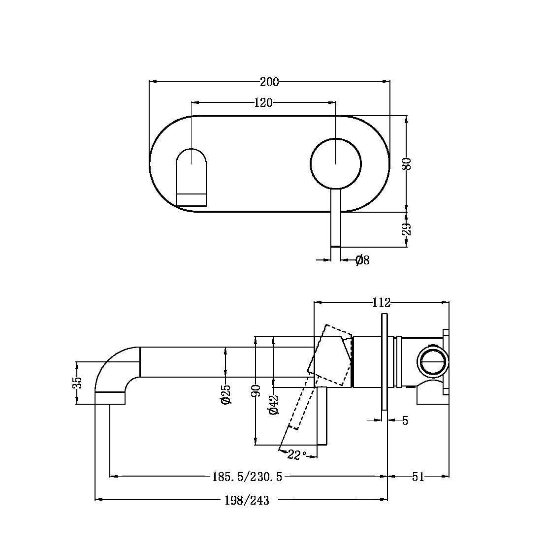 ZEN SS316L WALL BASIN/BATH MIXER 185/230MM SPOUT GRAPHITE