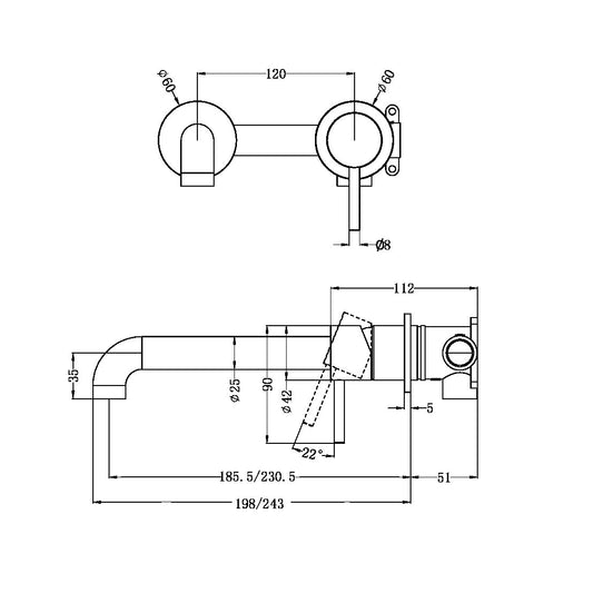 ZEN SS316L WALL BASIN/BATH MIXER SEPARATE BACK PLATE 185/230MM SPOUT BRUSHED BRONZE