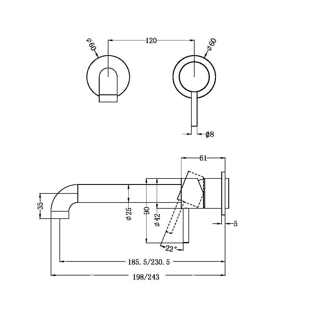 ZEN SS316L WALL BASIN/BATH MIXER SEPARATE BACK PLATE 185/230MM SPOUT TRIM KITS ONLY GRAPHITE