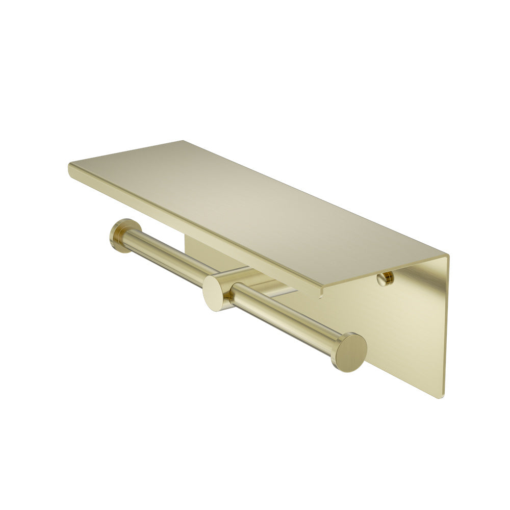 MECCA DOUBLE TOILET ROLL HOLDER WITH SHELF BRUSHED GOLD