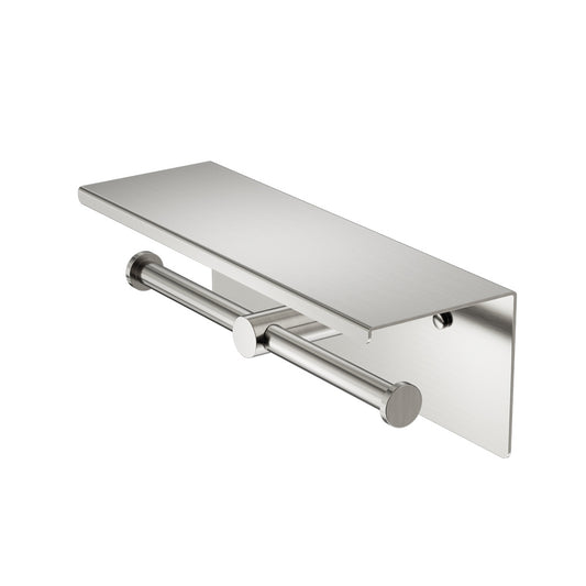 MECCA DOUBLE TOILET ROLL HOLDER WITH SHELF BRUSHED NICKEL