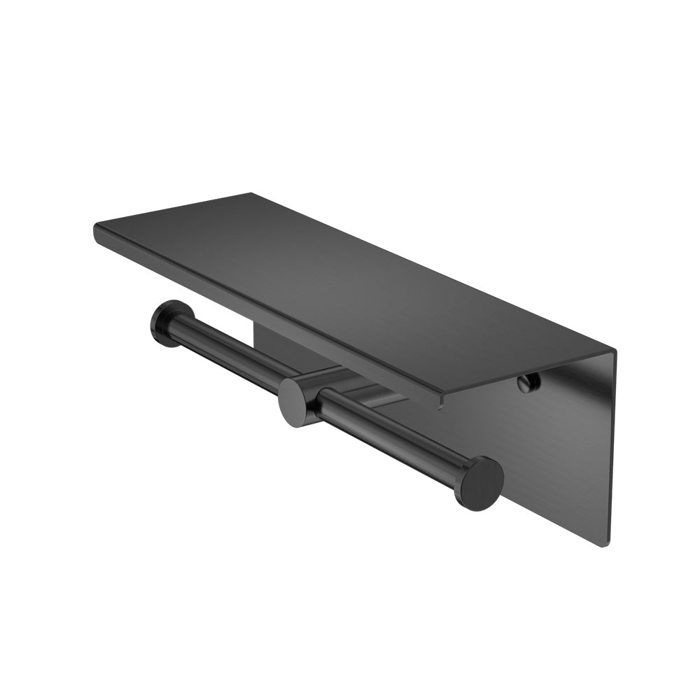 MECCA DOUBLE TOILET ROLL HOLDER WITH SHELF GUN METAL