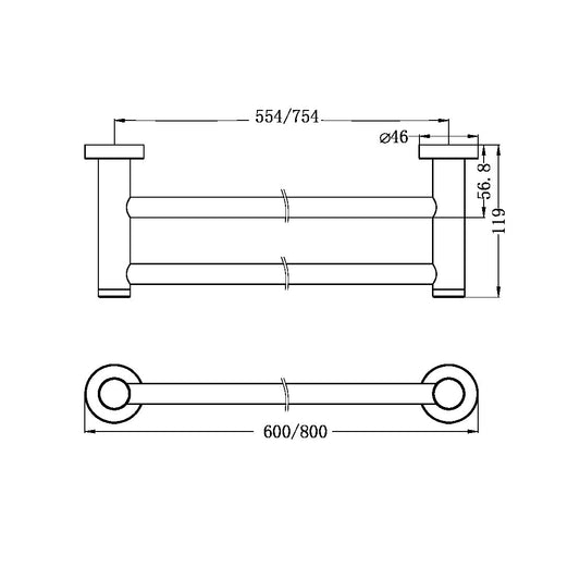 DOLCE II DOUBLE TOWEL RAIL 600/800MM BRUSHED GOLD
