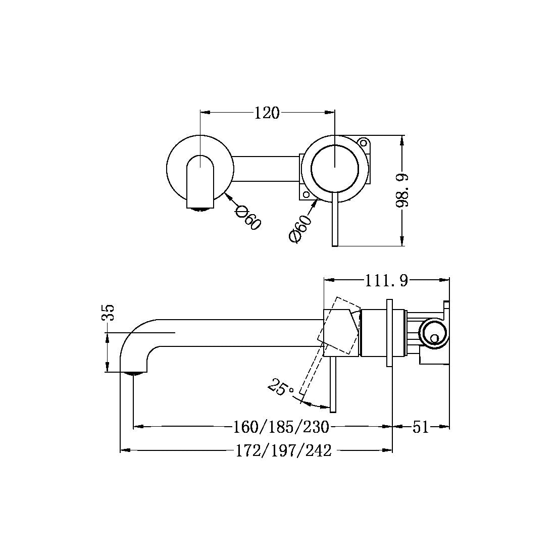 MECCA WALL BASIN/BATH MIXER 160/185/230MM MW ( SEPARATE BACK PLATE ) (NR221907C160/185/230MW) MATTE WHITE