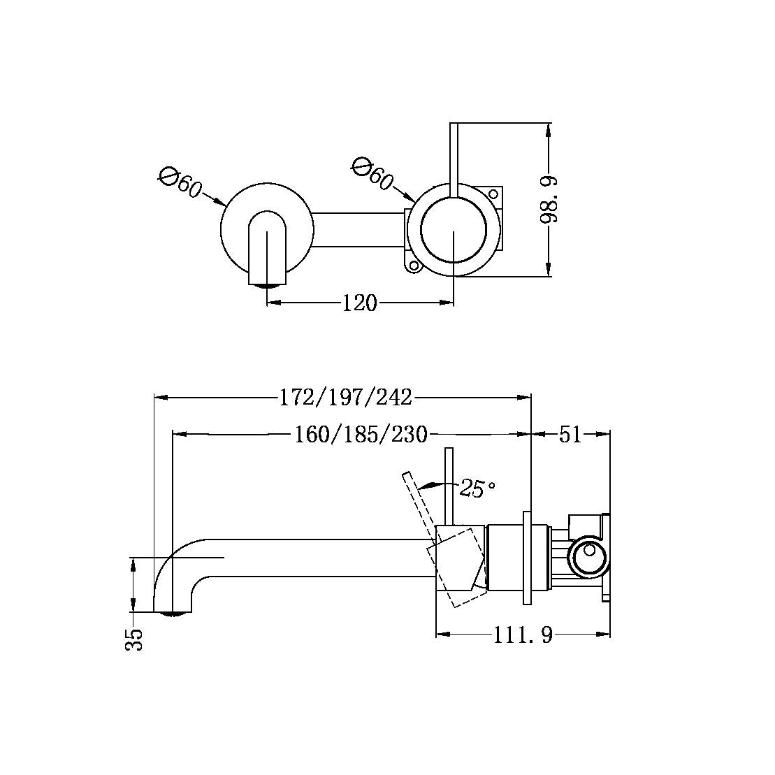 MECCA WALL BASIN/BATH MIXER HANDLE UP 185MM CH (SEPARATE BACK PLATE) (NR221907D185CH) CHROME