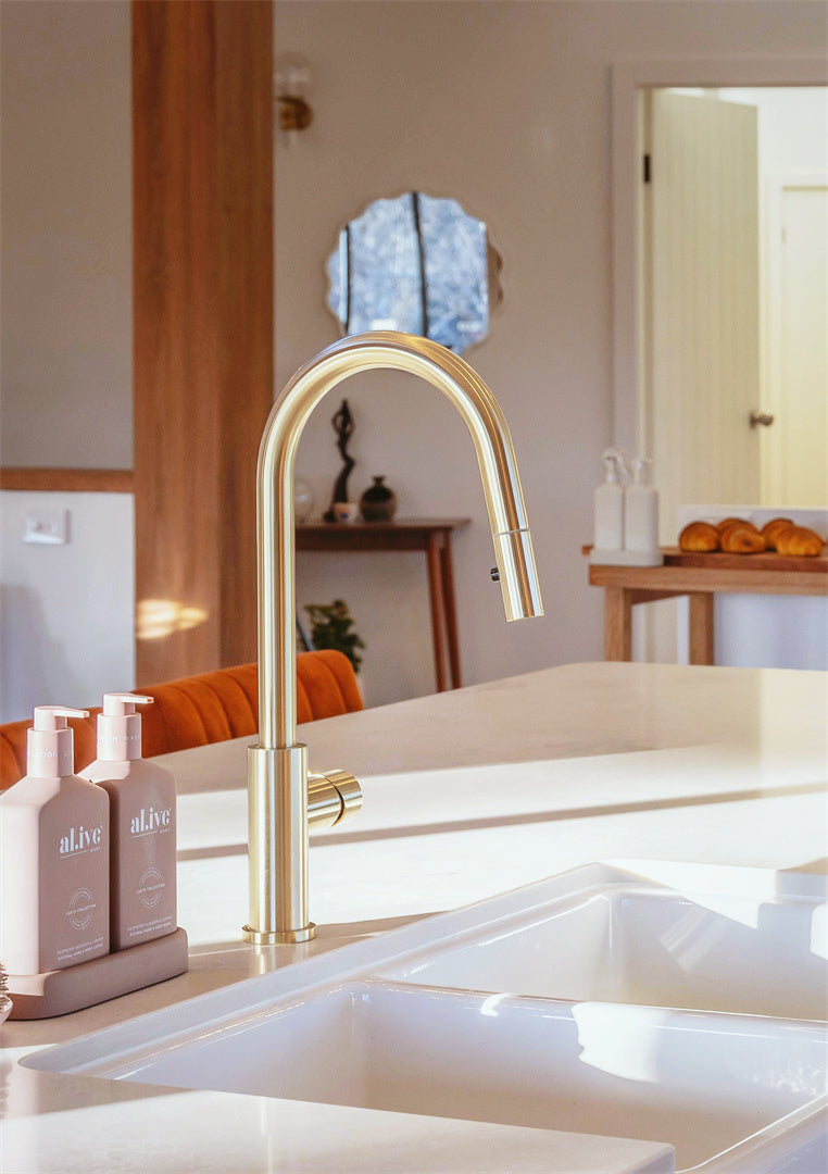 MECCA PULL OUT SINK MIXER WITH VEGIE SPRAY FUNCTION BRUSHED GOLD