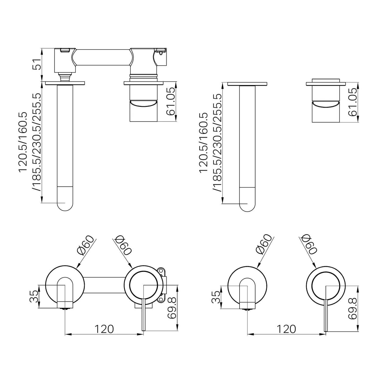 Mecca Wall Basin/Bath Mixer Separate Back Plate 160/185/230mm Trim Kits Only Rome Bronze