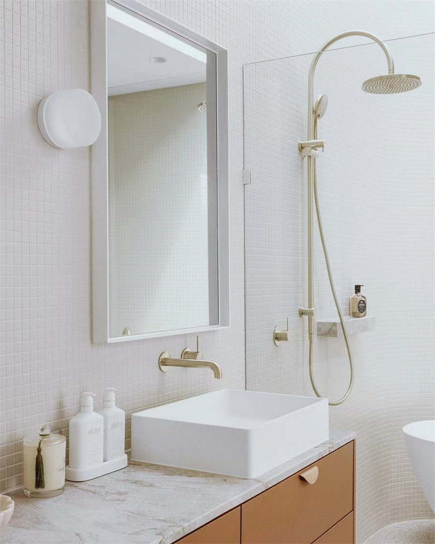 MECCA WALL BASIN/BATH MIXER SEPARATE BACK PLATE HANDLE UP 120/160/185/230/260MM BRUSHED GOLD