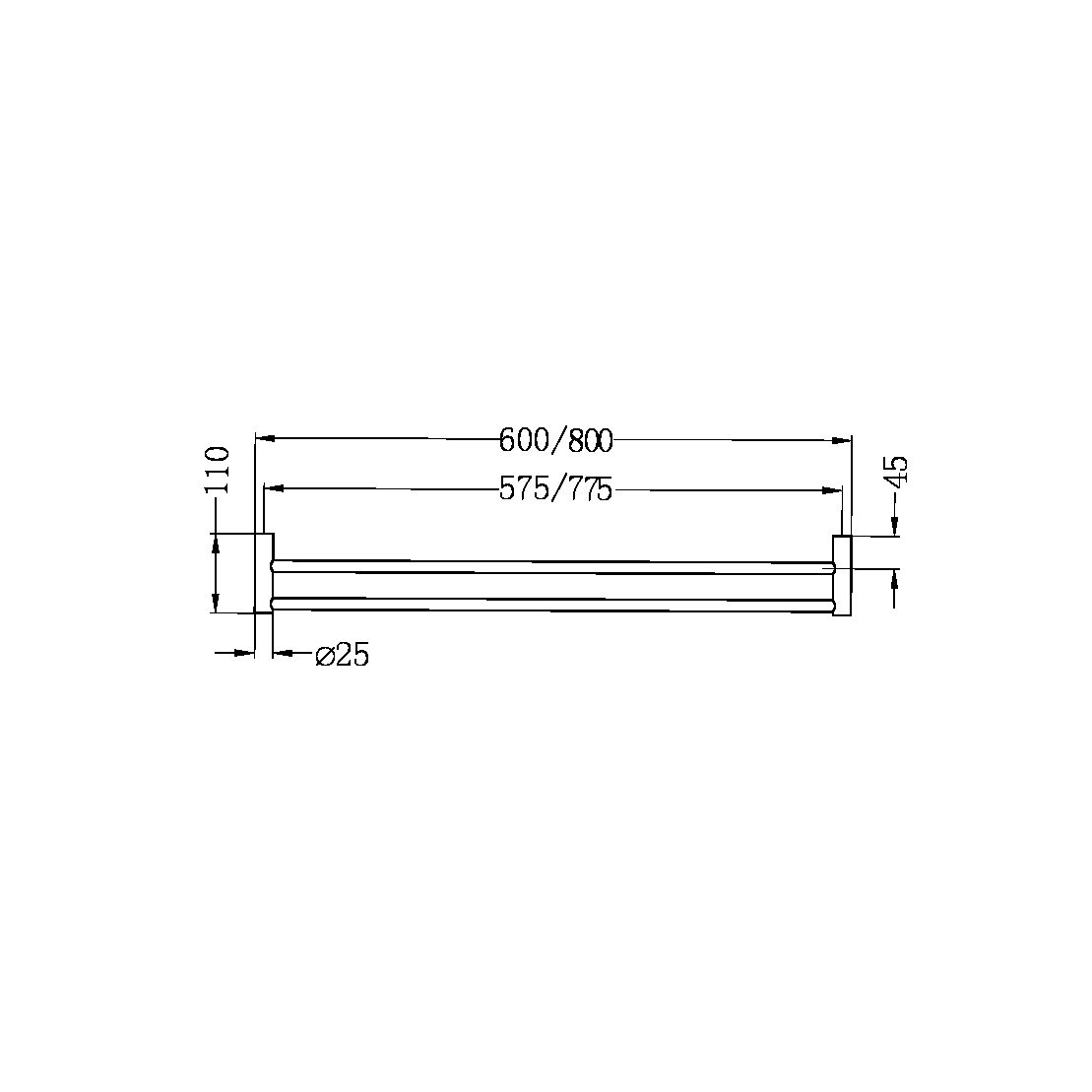 NEW MECCA DOUBLE TOWEL RAIL 600/800MM MATTE BLACK