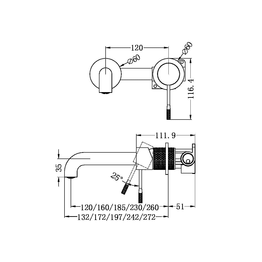 OPAL WALL BASIN/BATH MIXER SEPARATE BACK PLATE 120/160/185/230/260MM GRAPHITE