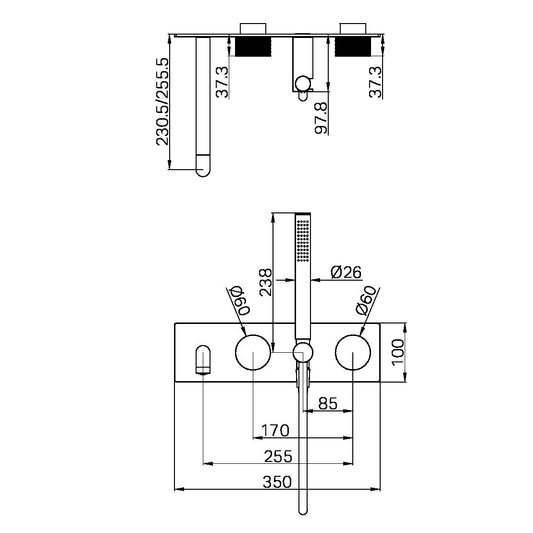 OPAL PROGRESSIVE SHOWER SYSTEM WITH SPOUT 230/250MM TRIM KITS ONLY GRAPHITE GRAPHITE