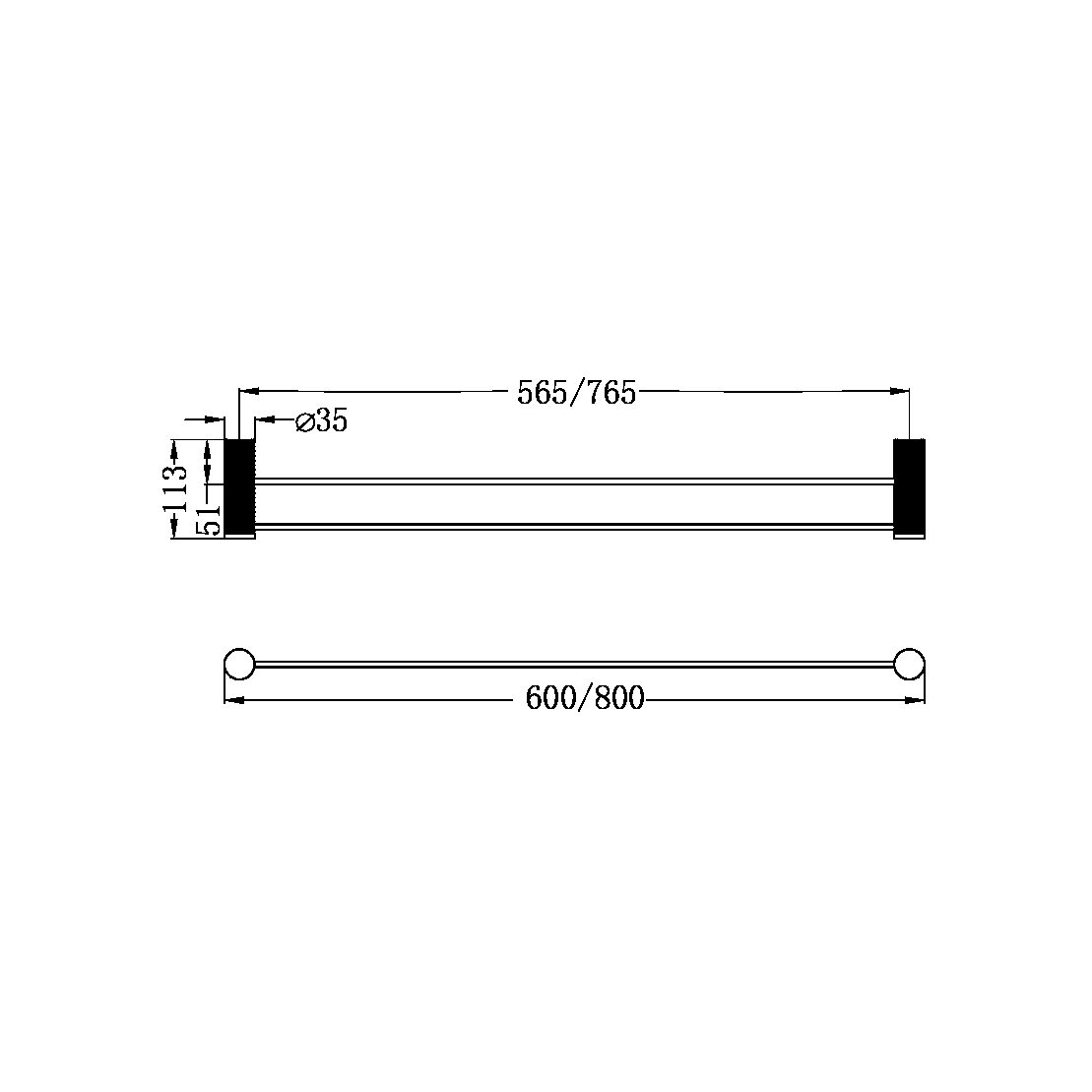OPAL DOUBLE TOWEL RAIL 600/800MM BRUSHED GOLD