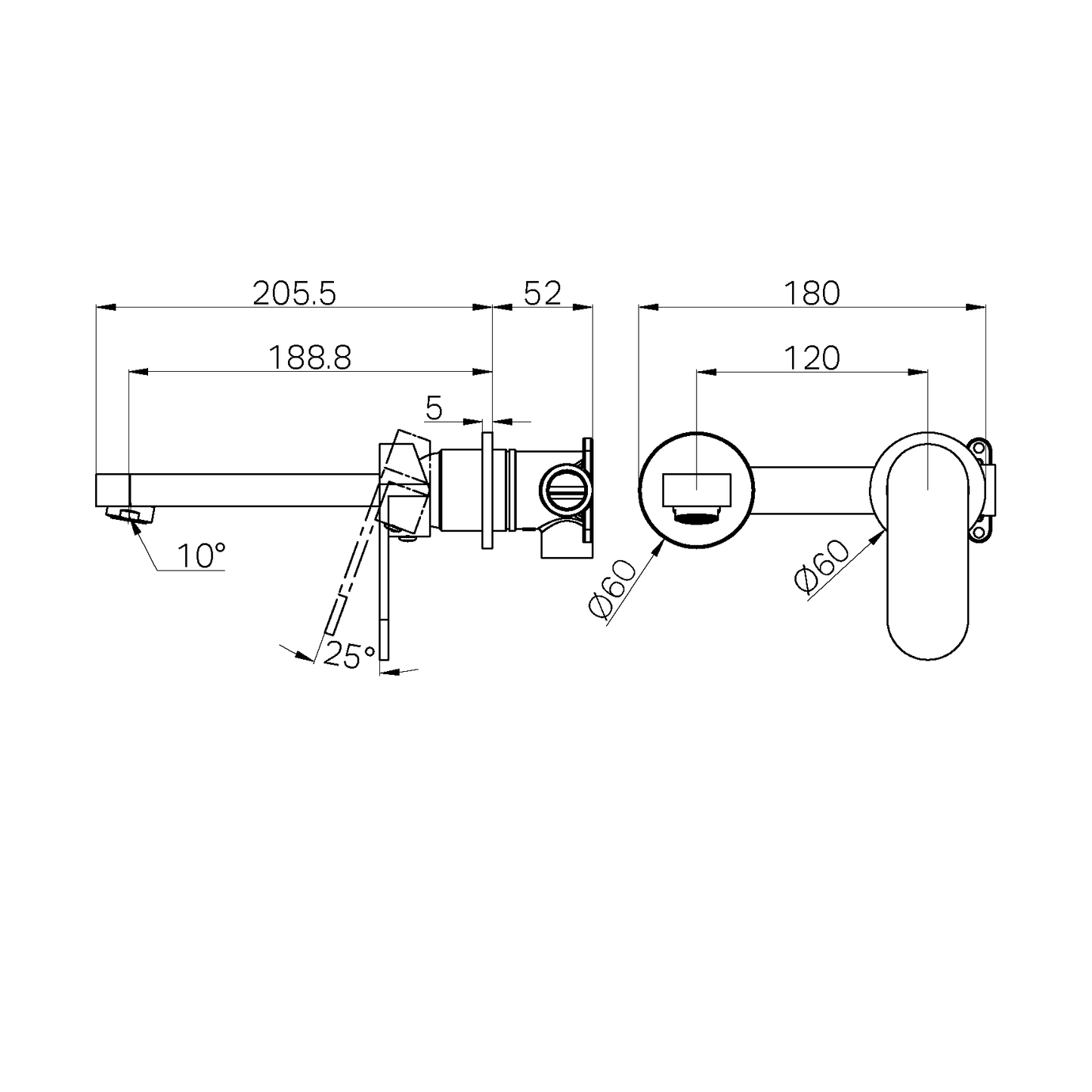 ECCO WALL BASIN/BATH MIXER SEPARATE BACK PLATE 60MM BRUSHED NICKEL