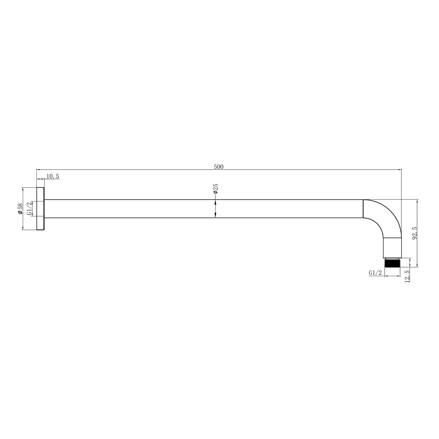 Round Shower Arm 500mm Length